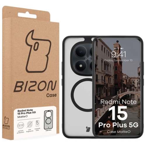 Etui z pierścieniem magnetycznym Bizon Case MatteO do Xiaomi Redmi Note 15 Pro+ Plus 5G przydymione-czarne