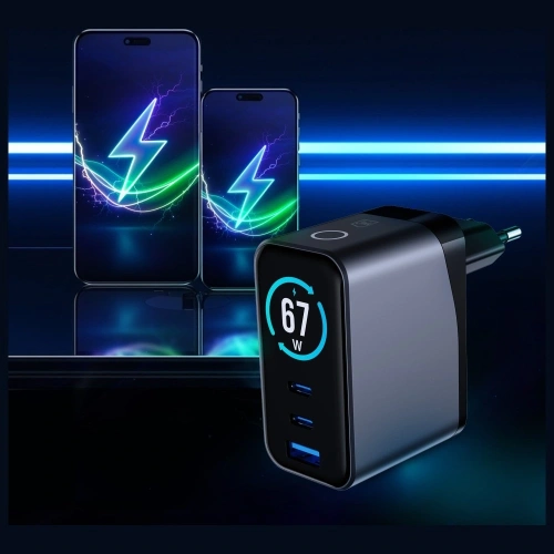 Ładowarka sieciowa 3MK InCharge Lumin PD 67W QC4+ PPS AFC FCP SCP USB-A 2xUSB-C TFT z wyświetlaczem czarny