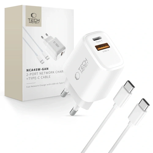 Ładowarka sieciowa Tech-Protect NCA45W-GAN USB-A, USB-C Network Charger PD 45W / QC3.0 + USB-C Cable White