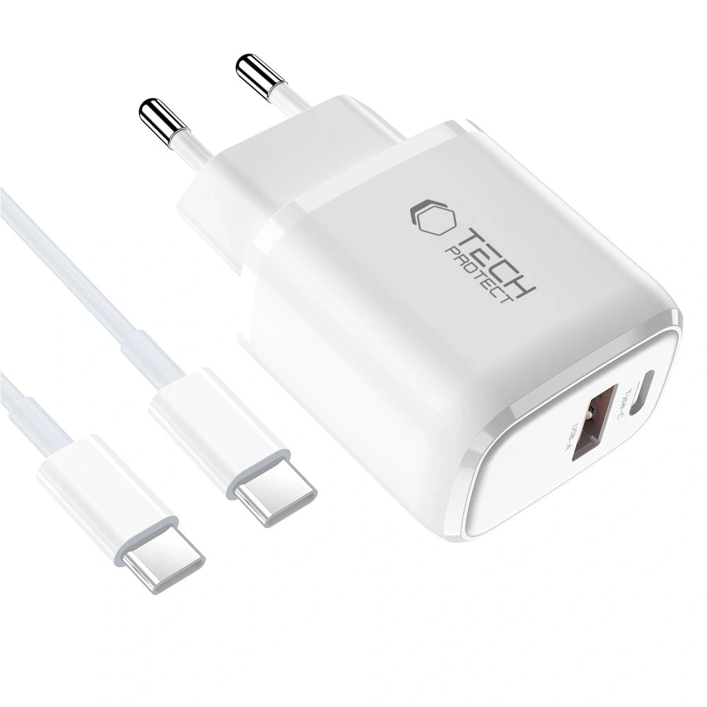 Ładowarka sieciowa Tech-Protect NCA45W-GAN USB-A, USB-C Network Charger PD 45W / QC3.0 + USB-C Cable White