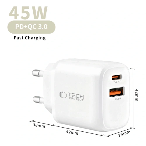 Ładowarka sieciowa Tech-Protect NCA45W-GAN USB-A, USB-C Network Charger PD 45W / QC3.0 + USB-C Cable White