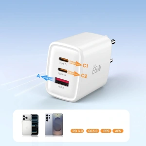 Ładowarka sieciowa Tech-Protect NCA65W-GAN USB-A, 2xUSB-C Network Charger PD 65W / QC3.0 White