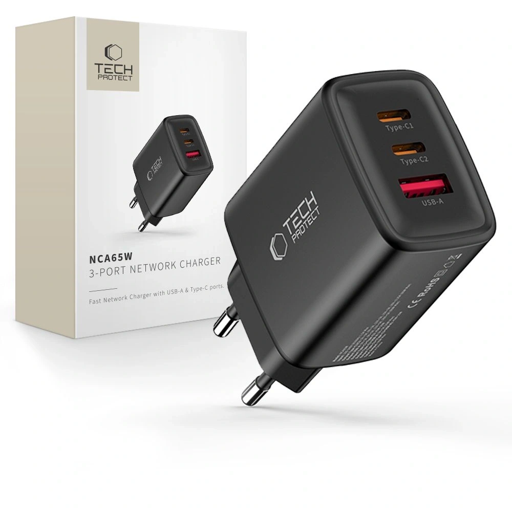 Ładowarka sieciowa Tech-Protect NCA65W-GAN USB-A, 2xUSB-C Network Charger PD 65W / QC3.0 Black