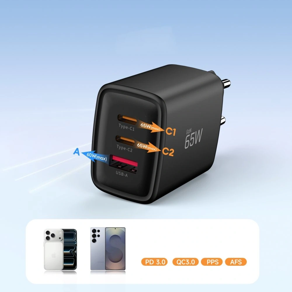 Ładowarka sieciowa Tech-Protect NCA65W-GAN USB-A, 2xUSB-C Network Charger PD 65W / QC3.0 Black