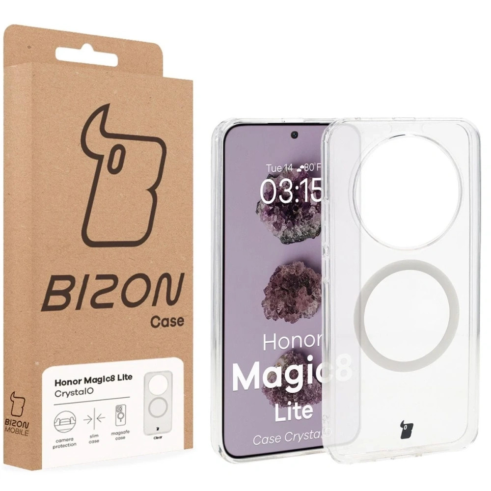 Etui z pierścieniem magnetycznym Bizon Case CrystalO do Honor Magic8 Lite przezroczyste