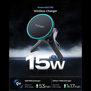Uchwyt samochodowy do kratki z ładowarką Spigen EV15MAQ Essential Magnetic MagSafe Vent Car Mount Wireless Charger 15W QI2 Black