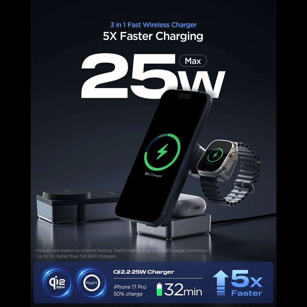 Ładowarka bezprzewodowa Spigen EF323MQ Essential 3in1 Magnetic MagSafe Wireless Charger 25W Qi2.2 Black