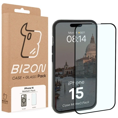 Etui z pierścieniem magnetycznym + szkło hartowane Bizon MatteO Pack do Apple iPhone 15 przydymione-czarne