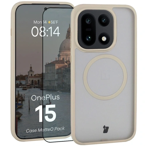 Etui z pierścieniem magnetycznym + szkło hartowane Bizon MatteO Pack do OnePlus 15 przydymione-beżowe