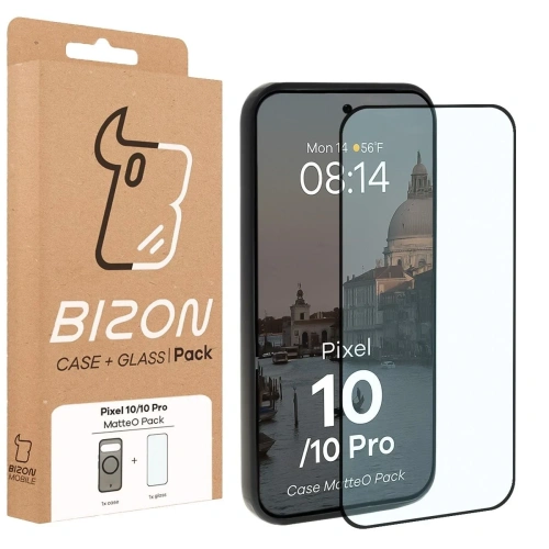 Etui z pierścieniem magnetycznym + szkło hartowane Bizon MatteO Pack do Google Pixel 10 / 10 Pro przydymione-czarne