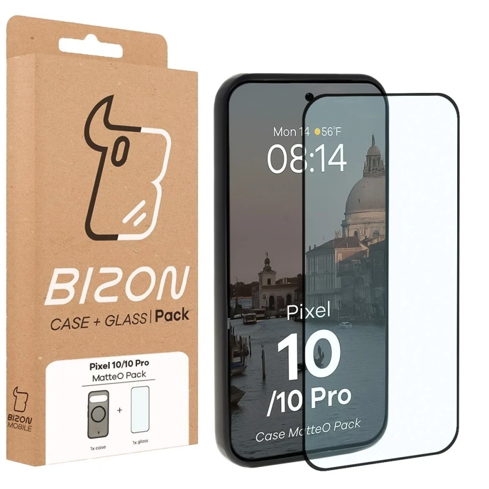 Etui z pierścieniem magnetycznym + szkło hartowane Bizon MatteO Pack do Google Pixel 10 / 10 Pro przydymione-czarne