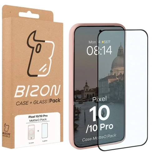Etui z pierścieniem magnetycznym + szkło hartowane Bizon MatteO Pack do Google Pixel 10 / 10 Pro przydymione-jasnoróżowe