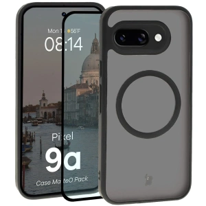 Etui z pierścieniem magnetycznym + szkło hartowane Bizon MatteO Pack do Google Pixel 9a przydymione-czarne
