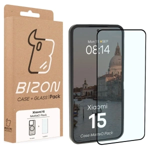 Etui z pierścieniem magnetycznym + szkło hartowane Bizon MatteO Pack do Xiaomi 15 przydymione-czarne