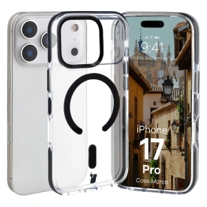 Etui z pierścieniem magnetycznym Bizon Case Marco do Apple iPhone 17 Pro przezroczyste z czarną ramką