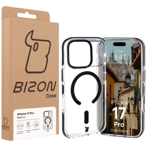 Etui z pierścieniem magnetycznym Bizon Case Marco do Apple iPhone 17 Pro przezroczyste z czarną ramką