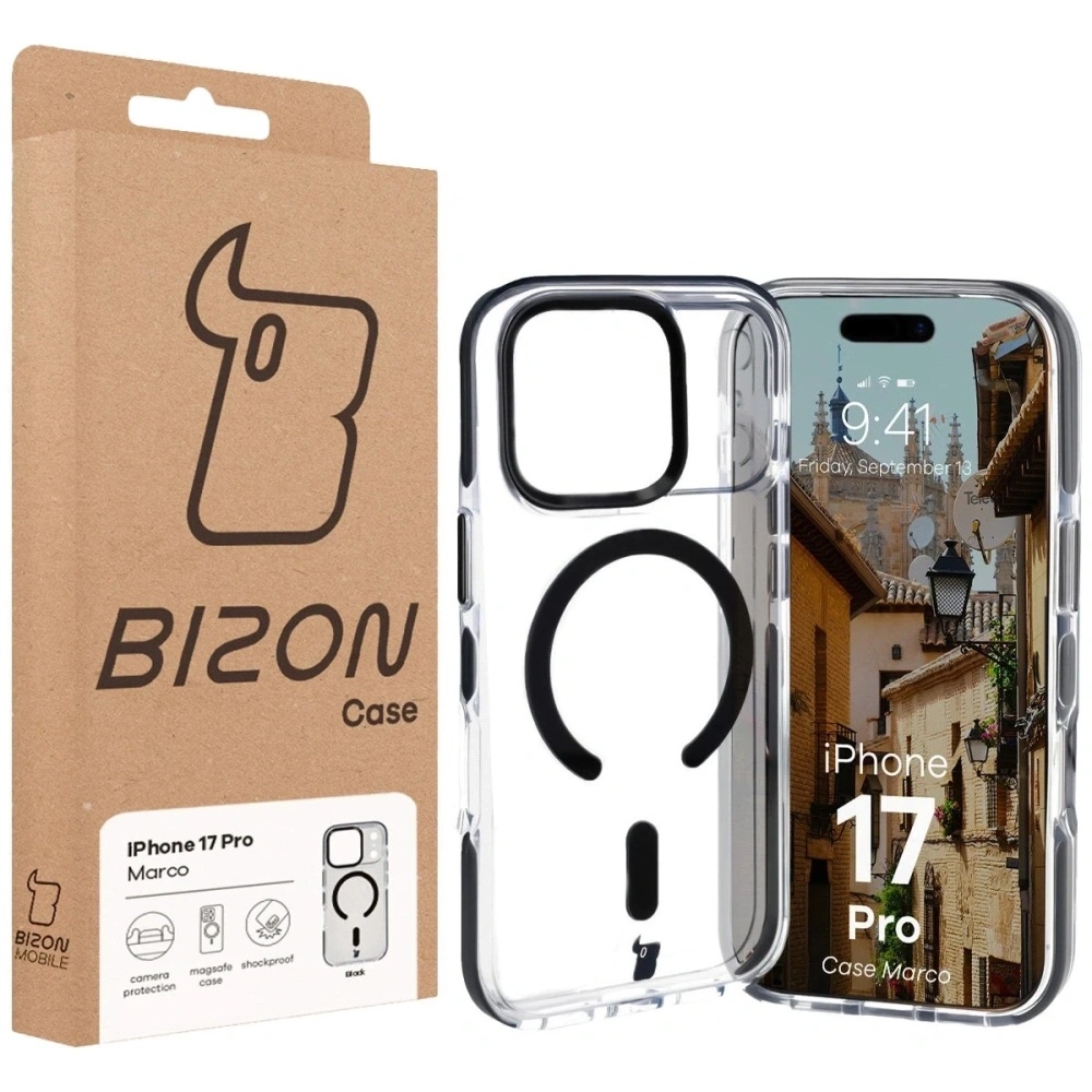 Etui z pierścieniem magnetycznym Bizon Case Marco do Apple iPhone 17 Pro przezroczyste z czarną ramką