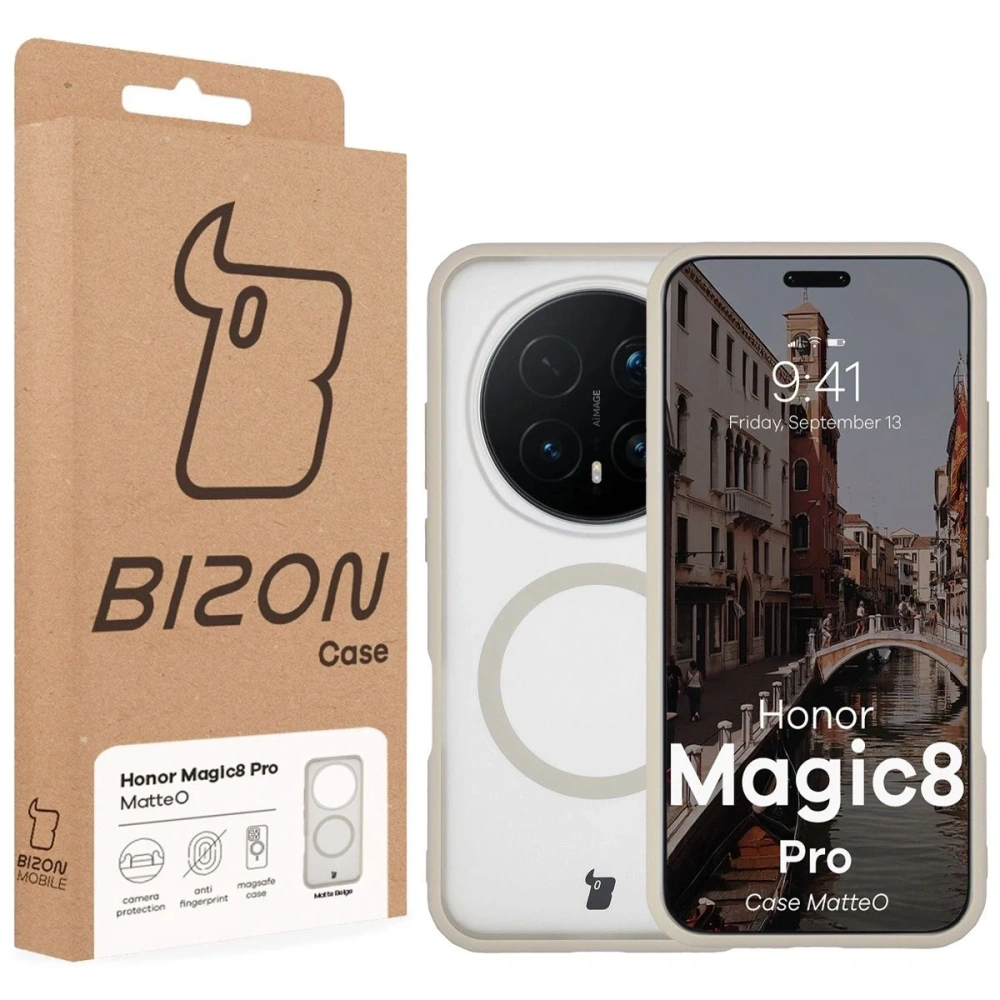 Etui z pierścieniem magnetycznym Bizon Case MatteO do Honor Magic8 Pro przydymione-beżowe