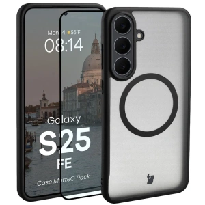 Etui z pierścieniem magnetycznym + szkło hartowane Bizon MatteO Pack do Samsung Galaxy S25 FE przydymione-czarne