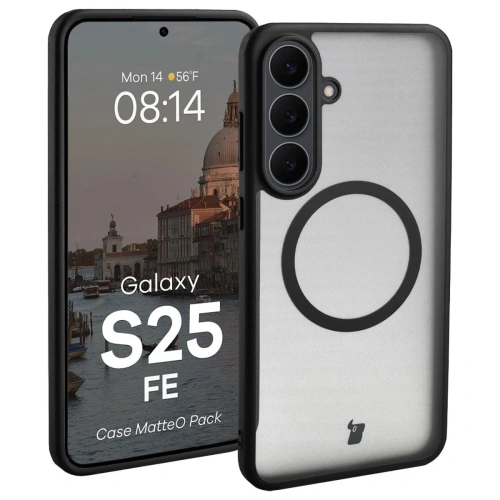 Etui z pierścieniem magnetycznym + szkło hartowane Bizon MatteO Pack do Samsung Galaxy S25 FE przydymione-czarne