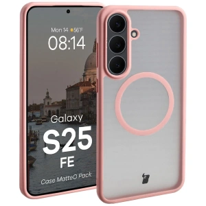 Etui z pierścieniem magnetycznym + szkło hartowane Bizon MatteO Pack do Samsung Galaxy S25 FE przydymione-jasnoróżowe