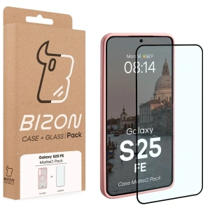 Etui z pierścieniem magnetycznym + szkło hartowane Bizon MatteO Pack do Samsung Galaxy S25 FE przydymione-jasnoróżowe
