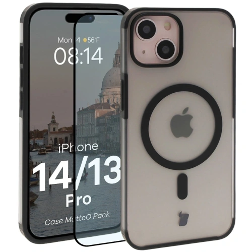 Etui z pierścieniem magnetycznym + szkło hartowane Bizon MatteO Pack do Apple iPhone 14 / 13 przydymione-czarne