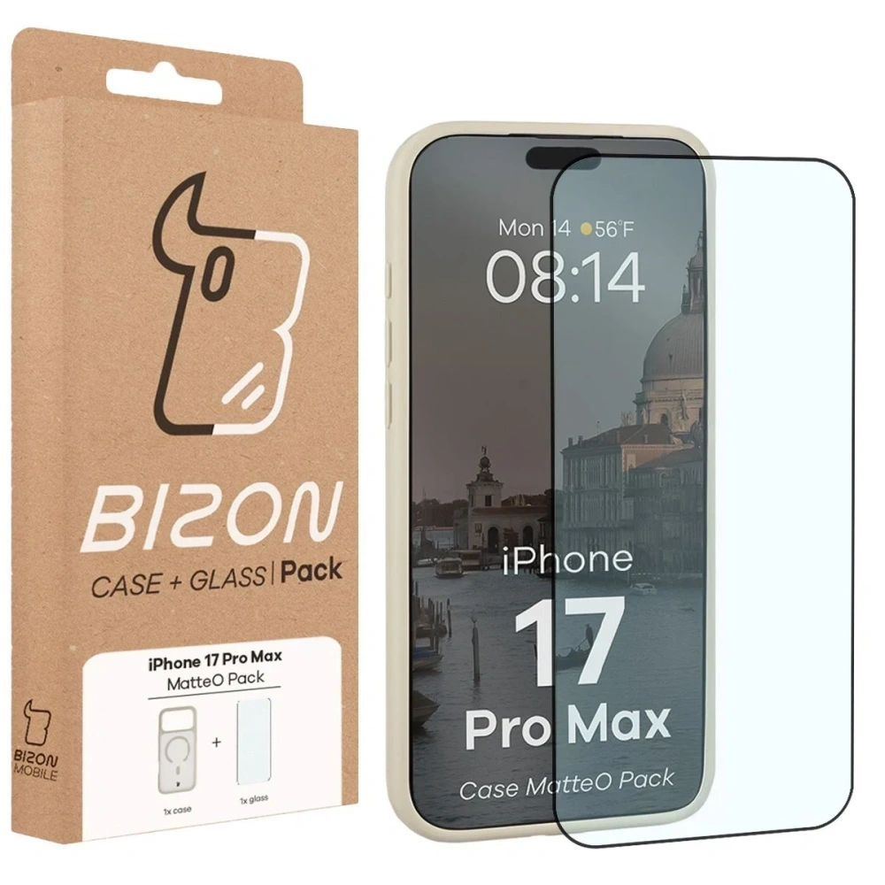 Etui z pierścieniem magnetycznym + szkło hartowane Bizon MatteO Pack do Apple iPhone 17 Pro Max przydymione-beżowe