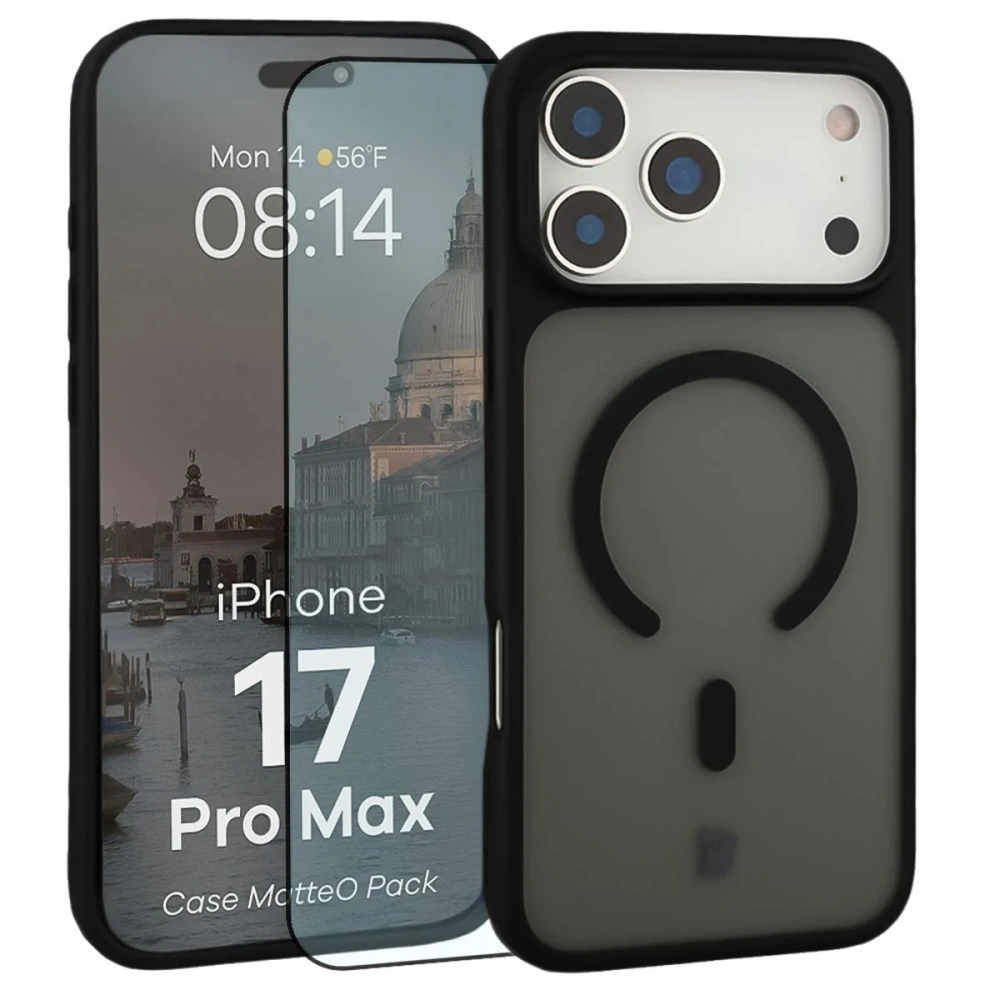 Etui z pierścieniem magnetycznym + szkło hartowane Bizon MatteO Pack do Apple iPhone 17 Pro Max przydymione-czarne