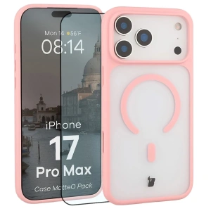 Etui z pierścieniem magnetycznym + szkło hartowane Bizon MatteO Pack do Apple iPhone 17 Pro Max przydymione-jasnoróżowe
