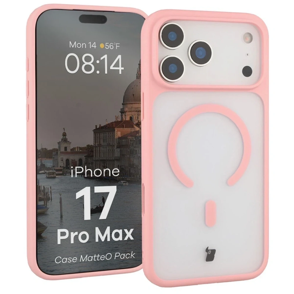 Etui z pierścieniem magnetycznym + szkło hartowane Bizon MatteO Pack do Apple iPhone 17 Pro Max przydymione-jasnoróżowe