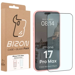 Etui z pierścieniem magnetycznym + szkło hartowane Bizon MatteO Pack do Apple iPhone 17 Pro Max przydymione-jasnoróżowe