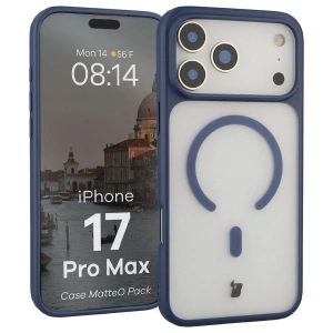 Etui z pierścieniem magnetycznym + szkło hartowane Bizon MatteO Pack do Apple iPhone 17 Pro Max przydymione-granatowe