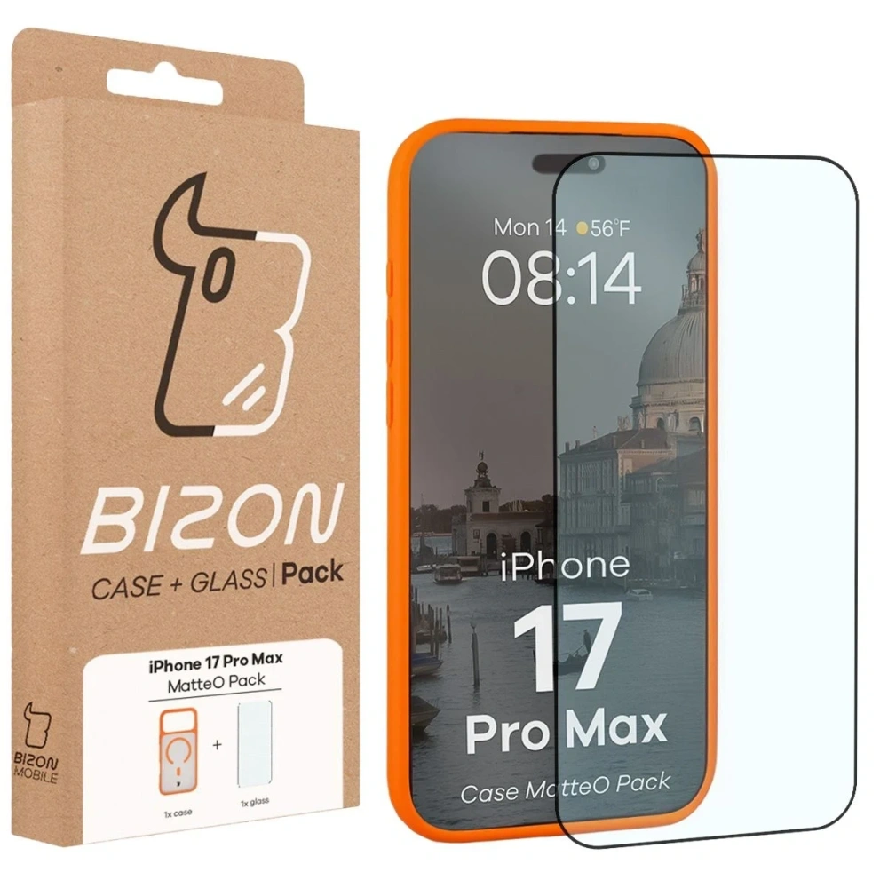Etui z pierścieniem magnetycznym + szkło hartowane Bizon MatteO Pack do Apple iPhone 17 Pro Max przydymione-pomarańczowe