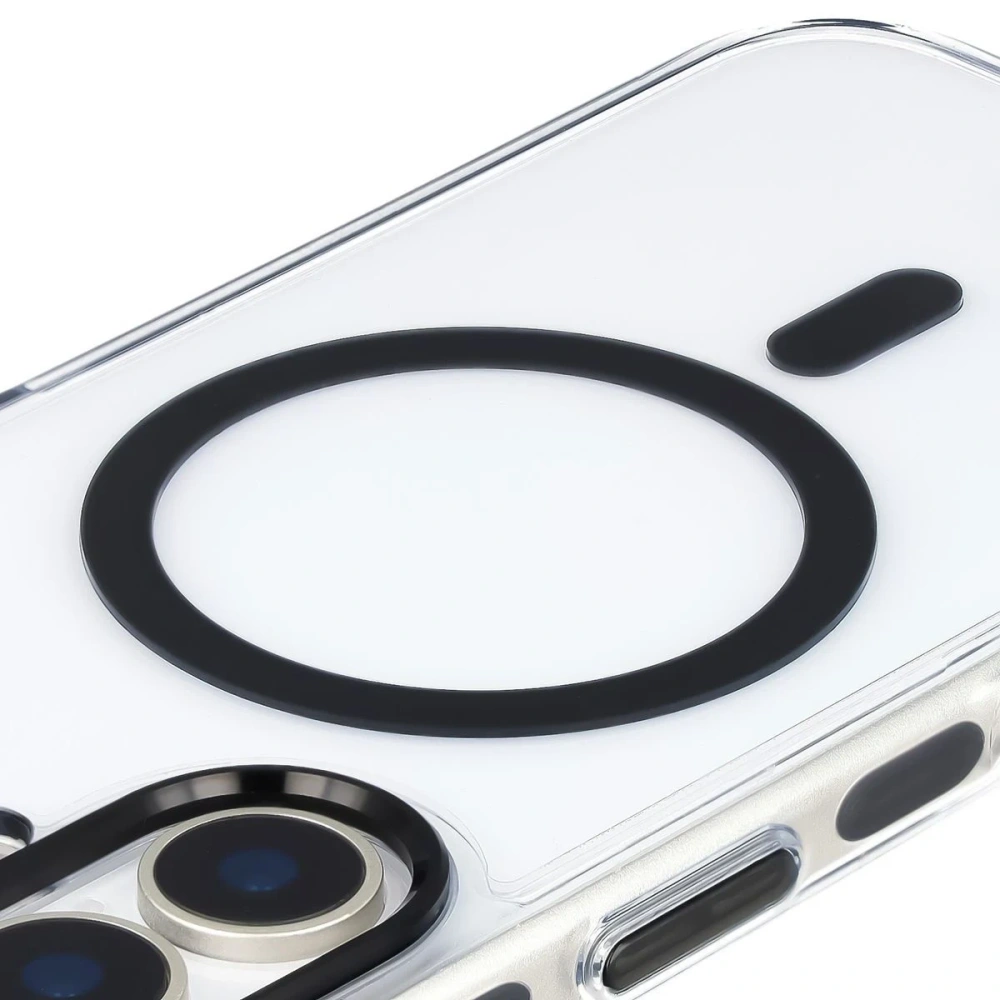 Etui z pierścieniem magnetycznym Bizon Case Marco do Apple iPhone 17 przezroczyste z czarną ramką