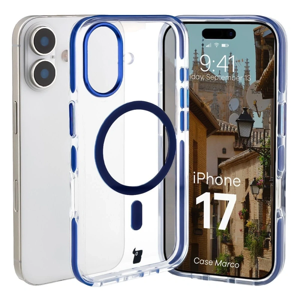 Etui z pierścieniem magnetycznym Bizon Case Marco do Apple iPhone 17 przezroczyste z niebieską ramką