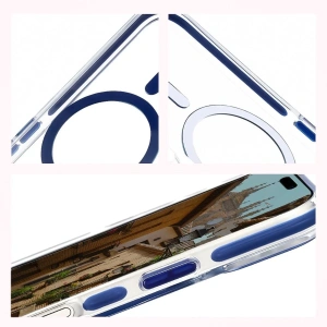 Etui z pierścieniem magnetycznym Bizon Case Marco do Apple iPhone 17 przezroczyste z niebieską ramką