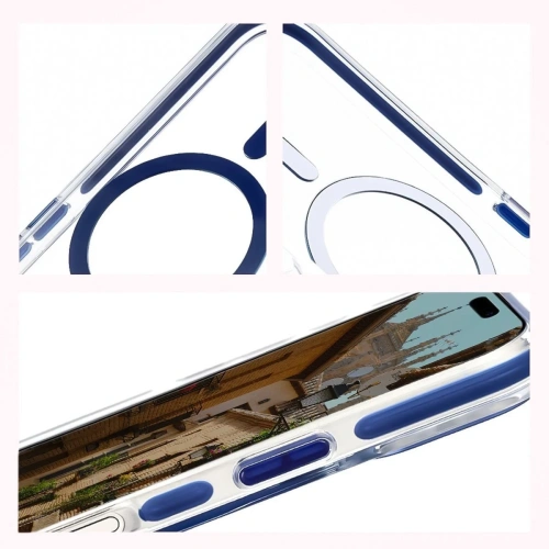 Etui z pierścieniem magnetycznym Bizon Case Marco do Apple iPhone 17 przezroczyste z niebieską ramką