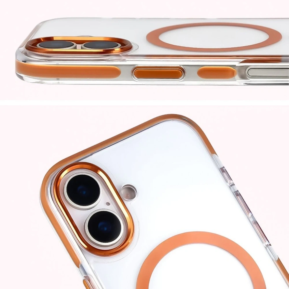 Etui z pierścieniem magnetycznym Bizon Case Marco do Apple iPhone 17 przezroczyste z pomarańczową ramką