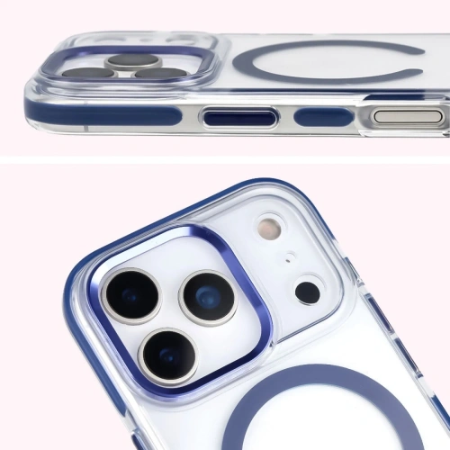 Etui z pierścieniem magnetycznym Bizon Case Marco do Apple iPhone 17 Pro przezroczyste z niebieską ramką