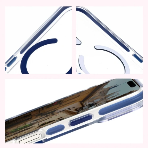 Etui z pierścieniem magnetycznym Bizon Case Marco do Apple iPhone 17 Pro przezroczyste z niebieską ramką
