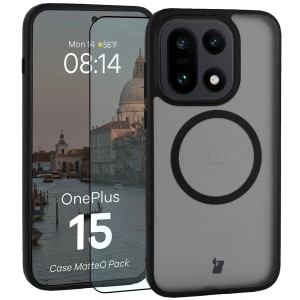 Etui z pierścieniem magnetycznym + szkło hartowane Bizon MatteO Pack do OnePlus 15 przydymione-czarne