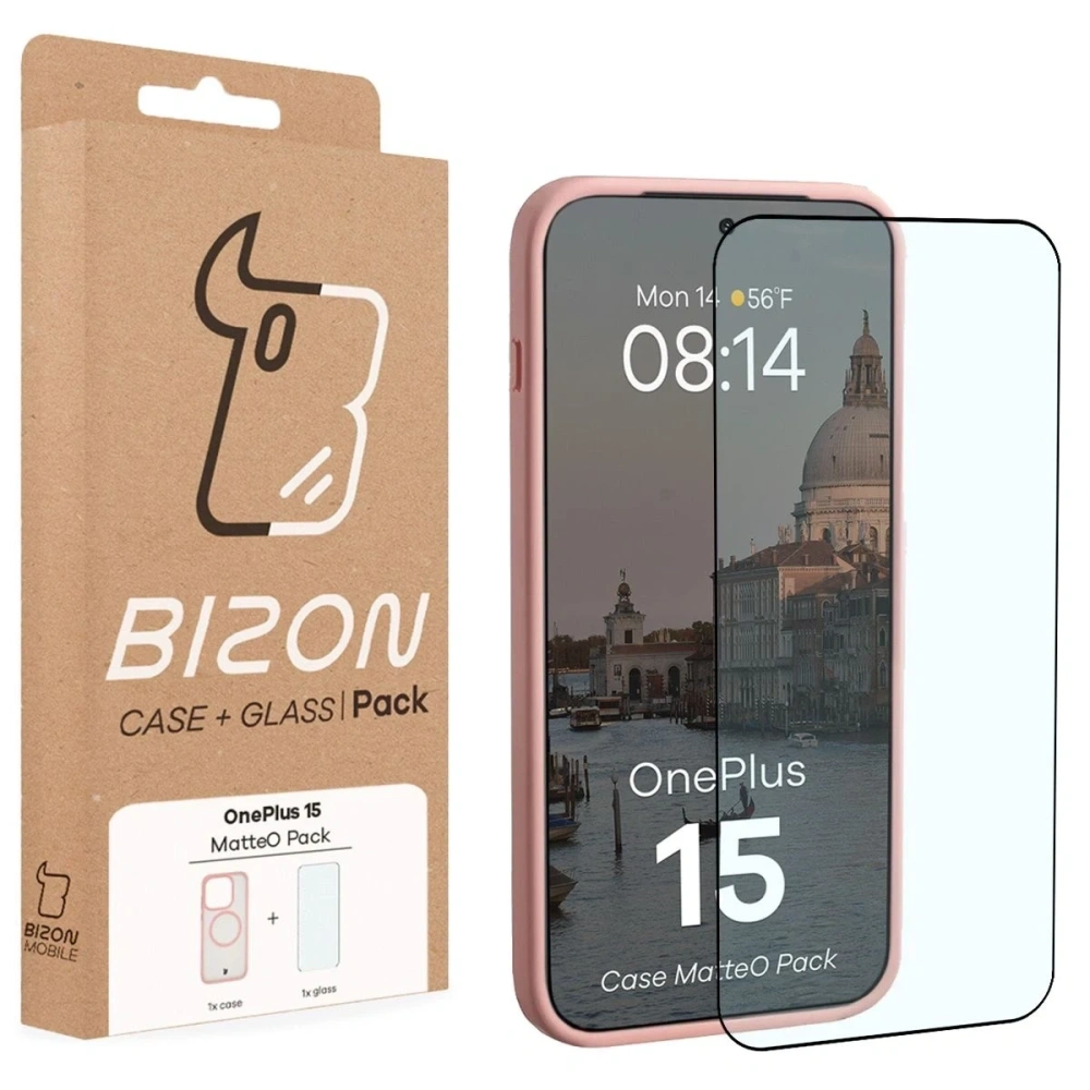 Etui z pierścieniem magnetycznym + szkło hartowane Bizon MatteO Pack do OnePlus 15 przydymione-jasnoróżowe