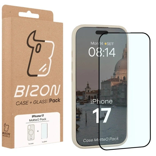 Etui z pierścieniem magnetycznym + szkło hartowane Bizon MatteO Pack do Apple iPhone 17 przydymione-beżowe