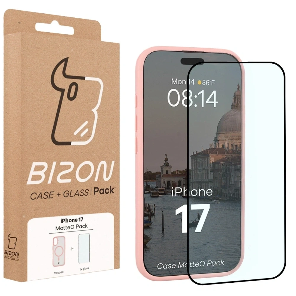 Etui z pierścieniem magnetycznym + szkło hartowane Bizon MatteO Pack do Apple iPhone 17 przydymione-jasnoróżowe