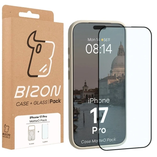 Etui z pierścieniem magnetycznym + szkło hartowane Bizon MatteO Pack do Apple iPhone 17 Pro przydymione-beżowe