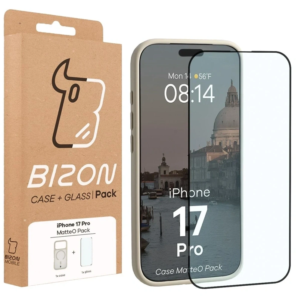 Etui z pierścieniem magnetycznym + szkło hartowane Bizon MatteO Pack do Apple iPhone 17 Pro przydymione-beżowe