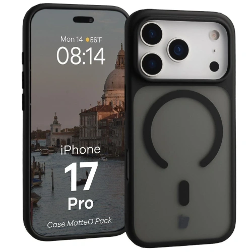 Etui z pierścieniem magnetycznym + szkło hartowane Bizon MatteO Pack do Apple iPhone 17 Pro przydymione-czarne