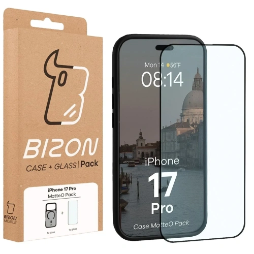 Etui z pierścieniem magnetycznym + szkło hartowane Bizon MatteO Pack do Apple iPhone 17 Pro przydymione-czarne