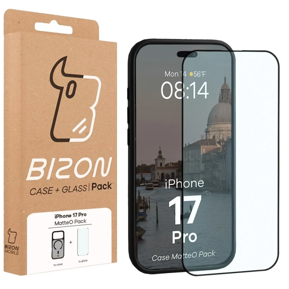 Etui z pierścieniem magnetycznym + szkło hartowane Bizon MatteO Pack do Apple iPhone 17 Pro przydymione-czarne